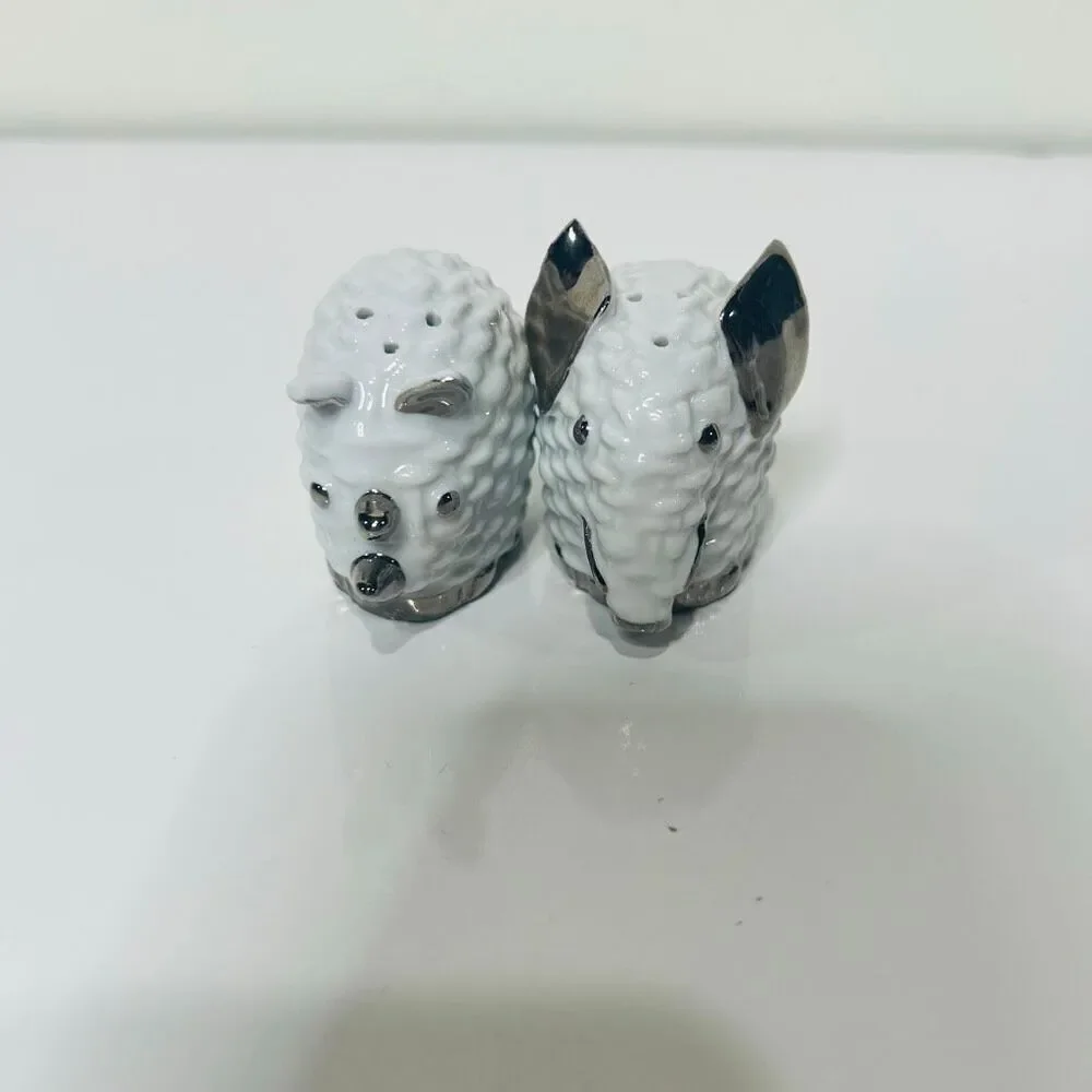 Gucci Vintage Twin White Silver Ceramic Salt Pepper Shakers Elephant Rhinoceros